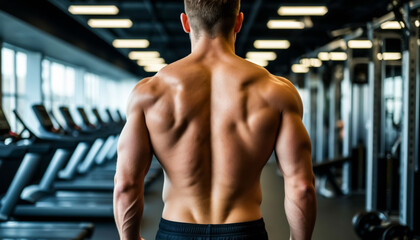 Athletic male figure in a gym from the back. AI generated.