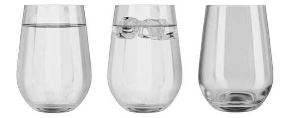 Empty glass. Glass in water. Set of glass glasses for water. Glass with water and ice cubes. Glass cup isolated on white background, on transparent background. 3d render.