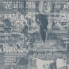 Grayscale Newspaper Clippings Distressed Texture Background with Aged Collage of Text and Faded Figures