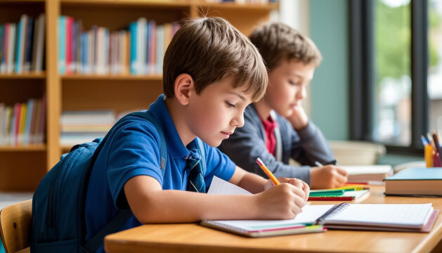 Back to school - boy writes in notebook while sitting at desk. Generated by AI.