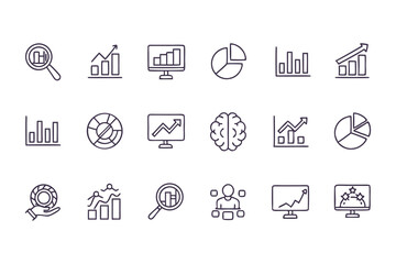 Business analytics and data chart icon set. vector line icons of graphs, pie charts, reports, growth, statistics, and marketing data.