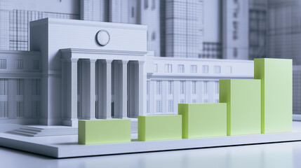 Obraz premium Financial Downturn: Miniature buildings serve as a backdrop to represent the complexities of a financial downturn, with descending bar graphs. 