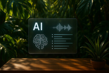 Futuristic display showcasing AI technology with brain graphic and sound wave, surrounded by lush greenery