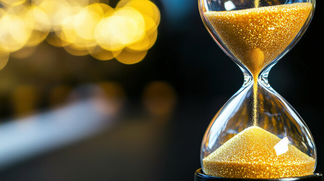 Close-up of an hourglass with golden sand flowing on a sleek black surface, symbolizing the passage of time and the importance of managing moments effectively.