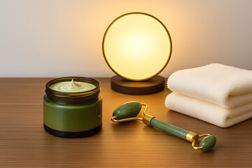 Aesthetic skincare setup featuring green cream jar, jade roller, soft towels, and warm lamp, creating calming atmosphere