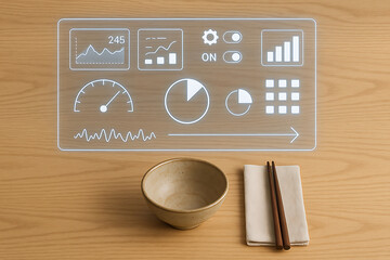Digital control panel displays various graphs and metrics above simple bowl and chopsticks wooden table. modern design evokes