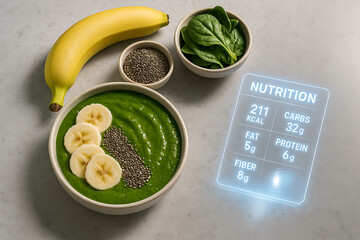 Vibrant smoothie bowl featuring spinach, banana, and chia seeds, showcasing nutritional information