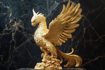 Fototapeta premium Ornate golden phoenix sculpture on dark marble backdrop.