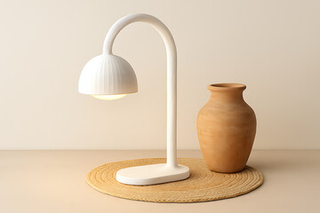 Minimalistic lamp with curved design stands beside clay vase on woven mat, creating serene atmosphere