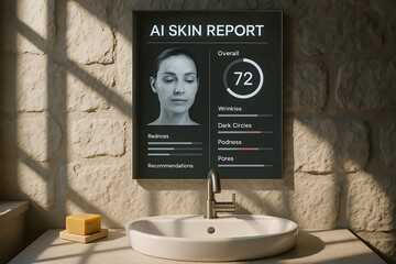 Modern bathroom featuring AI skin report display, showcasing skin analysis metrics like wrinkles and dark circles