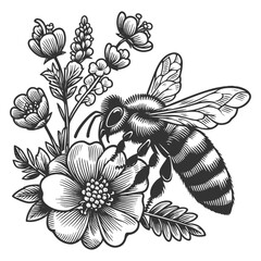 bees gathering nectar from blooming daisies with honey jar in a wild floral garden scene sketch engraving generative ai vector illustration. Scratch board imitation. Black and white image.