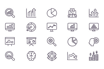 Business analytics and data chart icon set. vector line icons of graphs, pie charts, reports, growth, statistics, and marketing data.