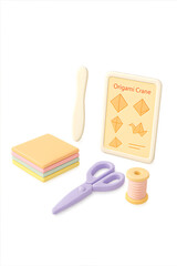 Origami supplies including paper, scissors, and guide for creating origami crane. Perfect for crafting enthusiasts