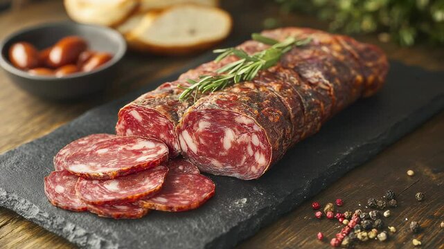 Exquisite artisanal salami on a slate board with decorative rosemary sprig