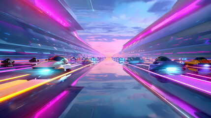 3D cartoon of a futuristic flying car highway