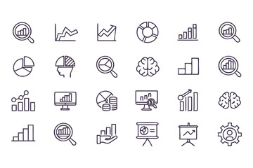 Business analytics and data chart icon set. vector line icons of graphs, pie charts, reports, growth, statistics, and marketing data.