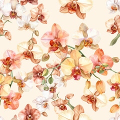Elegant seamless pattern of watercolor orchids. Watercolor orchid pattern perfect for fabric, textile, wallpaper, or stationery.