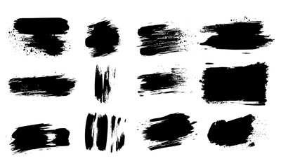 Black brushstroke vector illustration, rough ink textures, grunge stripe set, long hand-drawn smear, dry marker pack, straight lines, abstract edge strokes, paint border design.