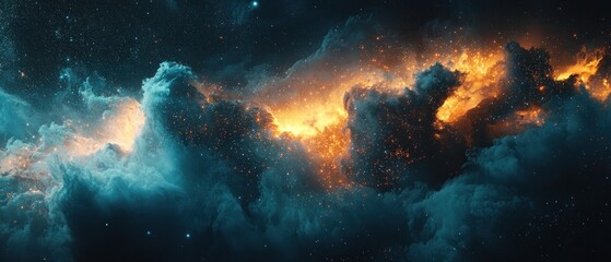 Fototapeta premium A cosmic landscape of swirling teal and orange nebulae, interspersed with glittering particles, evokes a sense of vastness and ethereal beauty