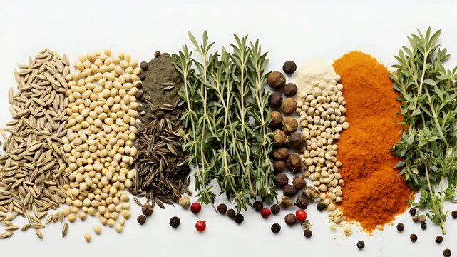 Assorted spices arranged across the frame, including herbs and powders