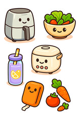Cute kitchen items and healthy food illustrations featuring air fryer, salad bowl, drink, rice cooker, and vegetables