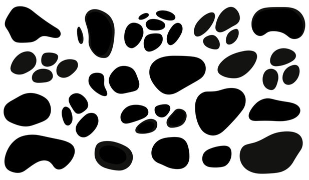 Organic fluid amoeba blob elements, irregular pebble stone shapes, freeform liquid water puddle, quirky cow or Dalmatian stains, black vector, abstract shapes, natural patterns, vector illustration.