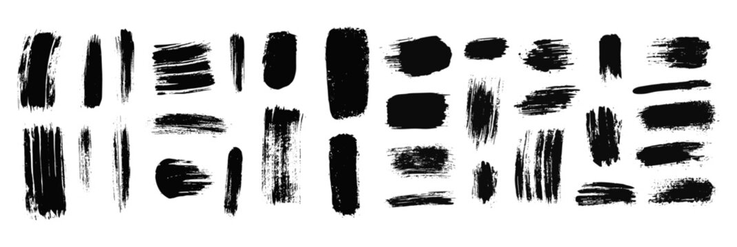 Grunge ink brushstroke collection, rough hand-drawn lines, straight smears, black marker underlines, rectangular paint frame set, dry textures, vector illustration.