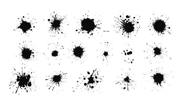 Black vector spray paint splatter elements, graffiti ink dotted splashes, grainy retro style, analog handmade gradients, noise dust dirty drip texture, speckled grit, stippled dots spatter.