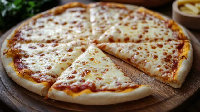 Delicious cheese pizza served on a wooden board, perfect for sharing