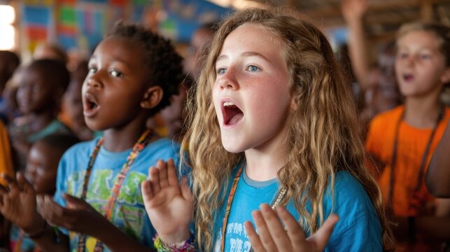 Concept photo of a group of volunteers leading a Vacation Bible School program in a small village, teaching lessons, singing songs, and playing games with the children. The childrens