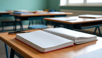 Notebooks and textbooks on a desk in a classroom. Generated by AI.