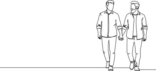 continuous single line drawing of male couple, two men walking holding hands, line art vector illustration