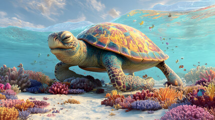 3d cartoon Of a giant sea turtle walking