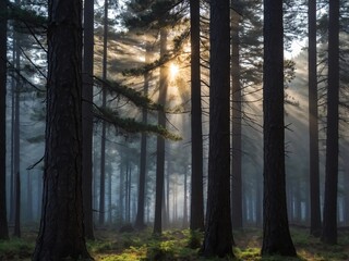 Fototapeta premium A tranquil pine forest enveloped in dawn's mist, sunlight filtering through the trees in a photorealistic portrayal.