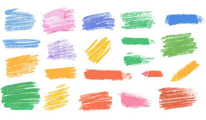 Colorful kids grungy vector brush stroke set, rough childish scribble collection, hand drawn crayon pencil textured lines, isolated chalk curves, text boxes, vector illustration, creative art.