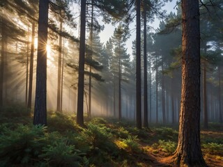A tranquil pine forest enveloped in dawn's mist, sunlight filtering through the trees in a photorealistic portrayal.