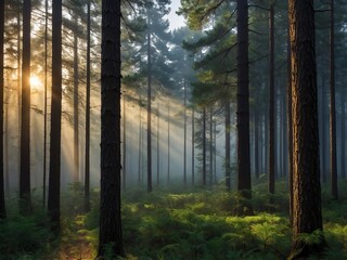 Fototapeta premium A tranquil pine forest enveloped in dawn's mist, sunlight filtering through the trees in a photorealistic portrayal.