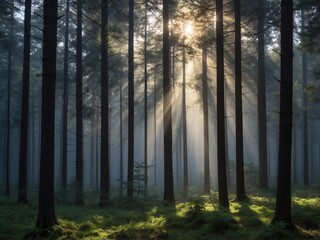 Fototapeta premium A tranquil pine forest enveloped in dawn's mist, sunlight filtering through the trees in a photorealistic portrayal.