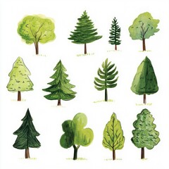 Fototapeta premium A Watercolor Collection of Diverse Green Trees