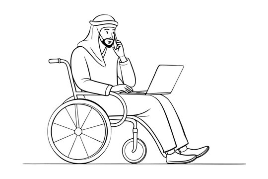 arab man in wheelchair working on laptop clip art preview