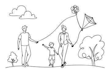 Continuous line drawing family weekend scene isolated on transparent background