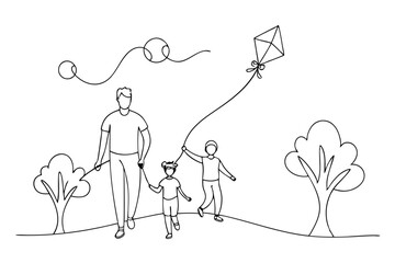 Continuous line drawing family weekend scene isolated on transparent background