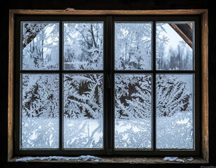 Fototapeta premium Frost pattern on the windows of a village house. Generated by AI.