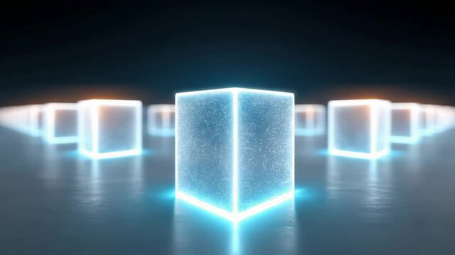 The massive amount of data in online or internet systems. Rows of glowing digital database towers stretching into the distance, symbolizing vast data storage.