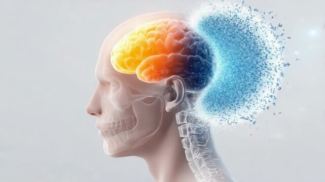 Dementia and memory loss concept. A transparent head with a fading brain, symbolizing slow mental deterioration.