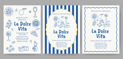 Hand drawn Italian dinner party invitation templates. Pasta, pizza, wine glass, cheese, tomato, lemon, olive oil, and cannoli illustrations. Elegant La Dolce Vita designs with food doodles.