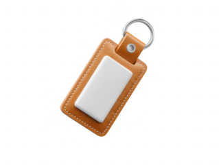 Brown leather keychain with blank white insert isolated on transparent background