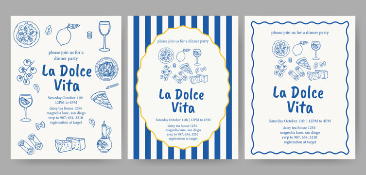 Hand drawn Italian dinner party invitation templates. Pasta, pizza, wine glass, cheese, tomato, lemon, olive oil, and cannoli illustrations. Elegant La Dolce Vita designs with food doodles. - Powered by Adobe