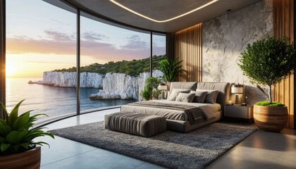 High-tech bedroom interior with panoramic windows and views of the mountains and sea. Generated by AI.