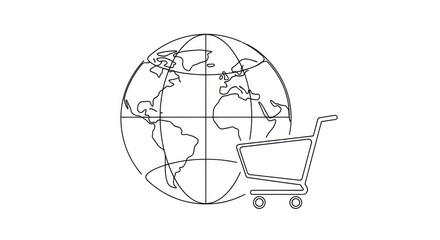 A line drawing of a globe with continents and a shopping cart in front of it on a white background